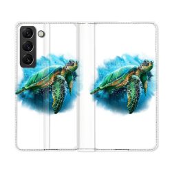 Housse Cuir Portefeuille Pour Samsung Galaxy S22 Ultra Animal Tortue Blanche multicolore