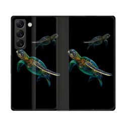 Housse Cuir Portefeuille Pour Samsung Galaxy S22 Ultra Animal Tortue Noire multicolore