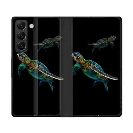Housse Cuir Portefeuille Pour Samsung Galaxy S22 Ultra Animal Tortue Noire multicolore