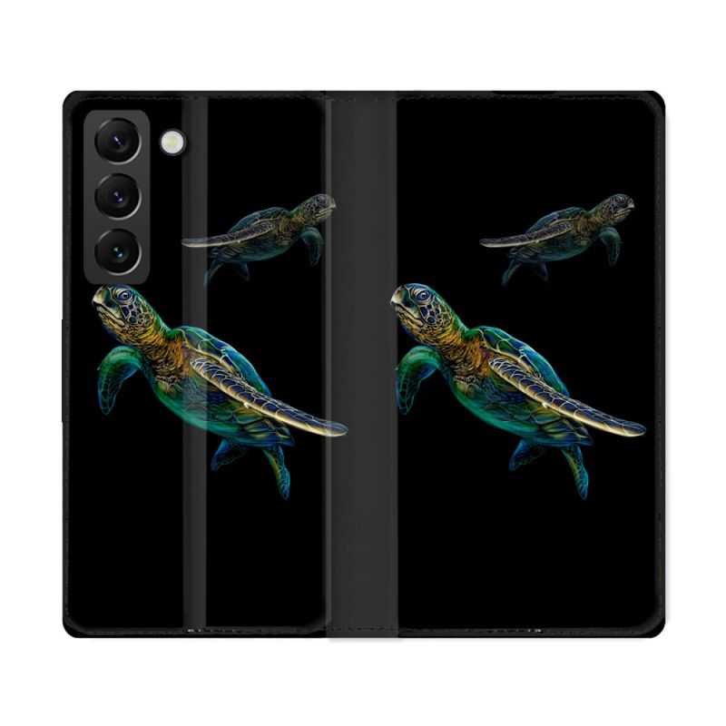 Housse Cuir Portefeuille Pour Samsung Galaxy S22 Ultra Animal Tortue Noire multicolore