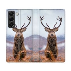 Housse Cuir Portefeuille Pour Samsung Galaxy S22 Ultra Chasse Chevreuil Montagne