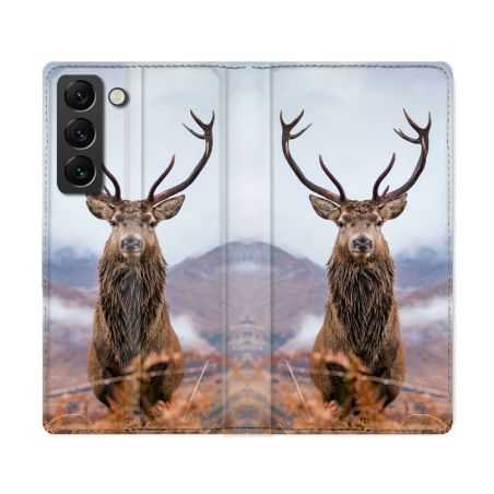 Housse Cuir Portefeuille Pour Samsung Galaxy S22 Ultra Chasse Chevreuil Montagne