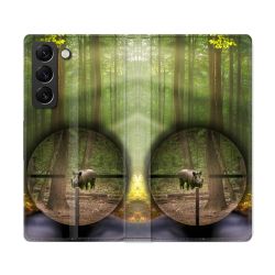Housse Cuir Portefeuille Pour Samsung Galaxy S22 Ultra Chasse Sanglier Viseur