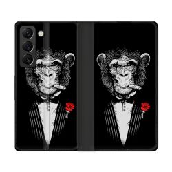Housse Cuir Portefeuille Pour Samsung Galaxy S22 Ultra Decale Singe Mafia