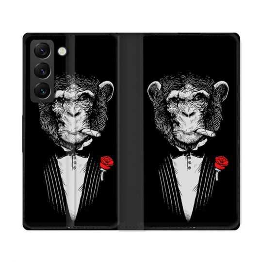 Housse Cuir Portefeuille Pour Samsung Galaxy S22 Ultra Decale Singe Mafia
