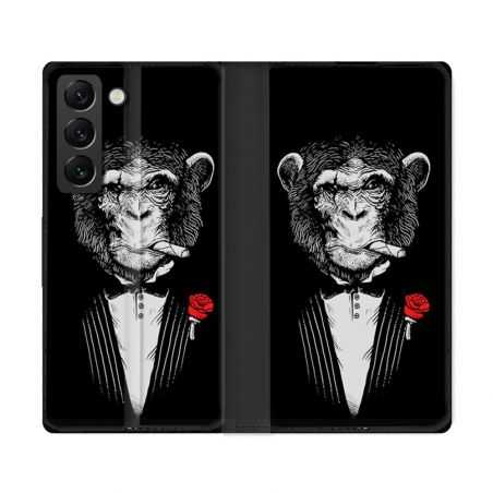 Housse Cuir Portefeuille Pour Samsung Galaxy S22 Ultra Decale Singe Mafia