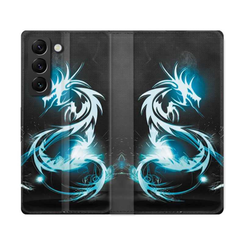 Housse Cuir Portefeuille Pour Samsung Galaxy S22 Ultra Fantastique Dragon Bleu