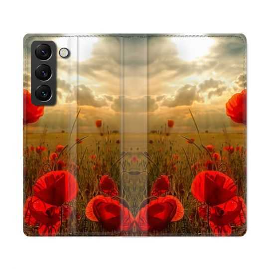 Housse Cuir Portefeuille Pour Samsung Galaxy S22 Ultra Fleur Coquelicot