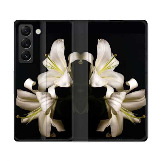 Housse Cuir Portefeuille Pour Samsung Galaxy S22 Ultra Fleur Lys Noir