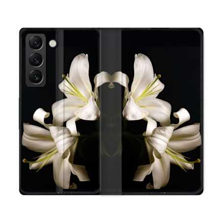 Housse Cuir Portefeuille Pour Samsung Galaxy S22 Ultra Fleur Lys Noir