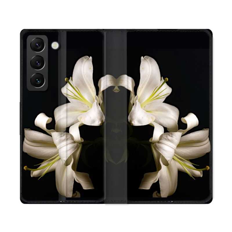Housse Cuir Portefeuille Pour Samsung Galaxy S22 Ultra Fleur Lys Noir