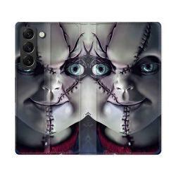 Housse Cuir Portefeuille Pour Samsung Galaxy S22 Ultra Horreur Chucky Cicatrice