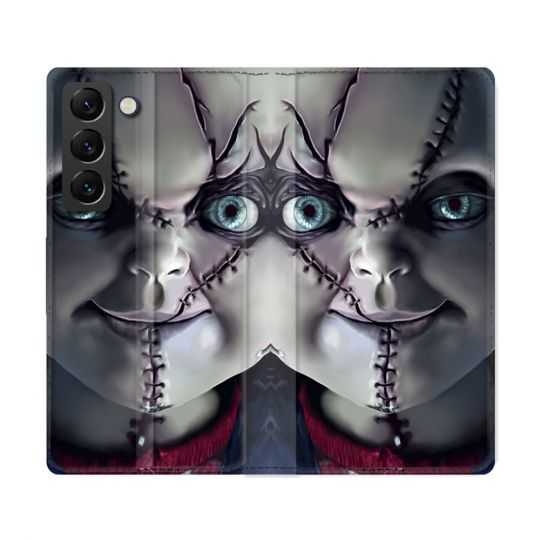 Housse Cuir Portefeuille Pour Samsung Galaxy S22 Ultra Horreur Chucky Cicatrice