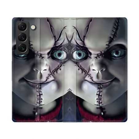 Housse Cuir Portefeuille Pour Samsung Galaxy S22 Ultra Horreur Chucky Cicatrice