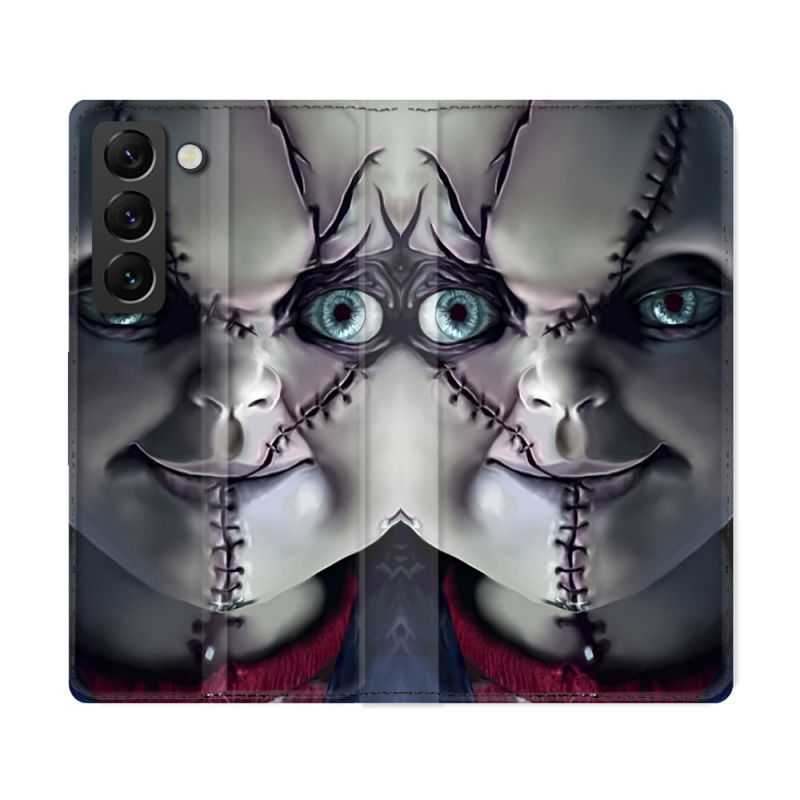Housse Cuir Portefeuille Pour Samsung Galaxy S22 Ultra Horreur Chucky Cicatrice