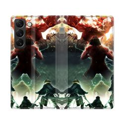 Housse Cuir Portefeuille Pour Samsung Galaxy S22 Ultra Manga Attaque Titans Combat