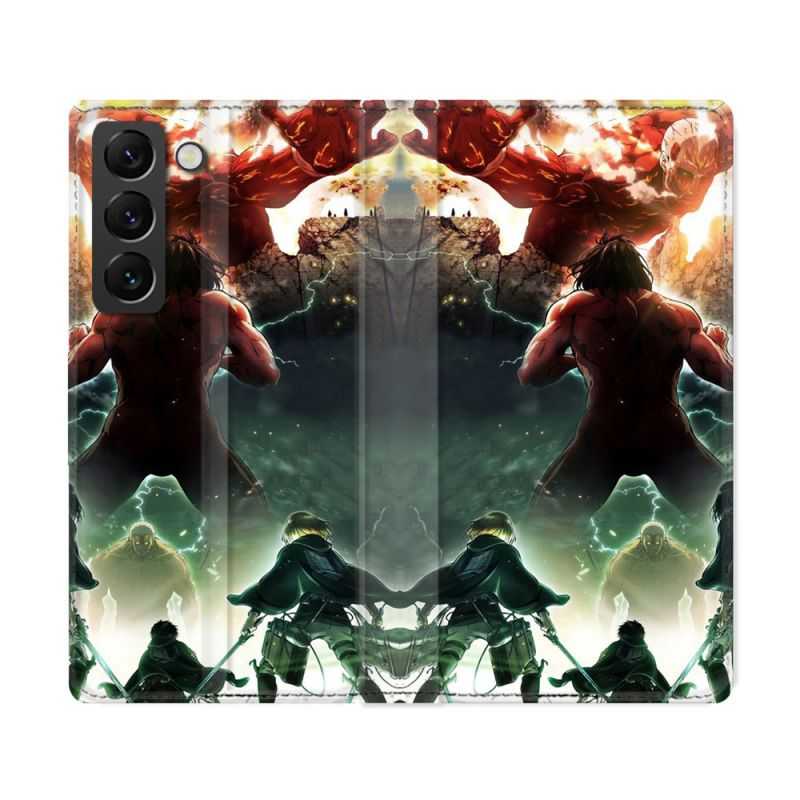 Housse Cuir Portefeuille Pour Samsung Galaxy S22 Ultra Manga Attaque Titans Combat