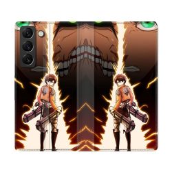 Housse Cuir Portefeuille Pour Samsung Galaxy S22 Ultra Manga Attaque Titans Eren Eclair