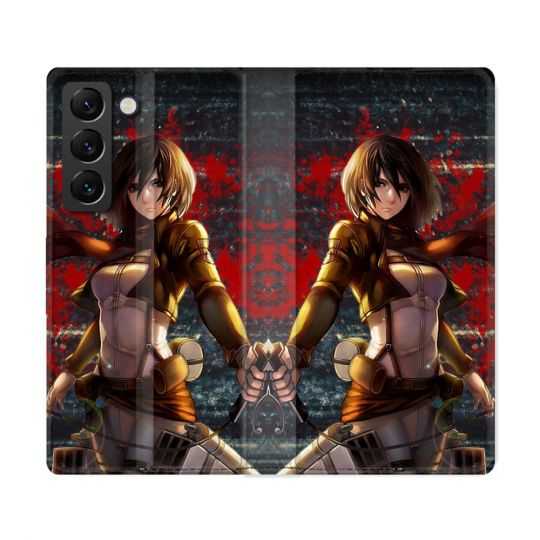 Housse Cuir Portefeuille Pour Samsung Galaxy S22 Ultra Manga Attaque Titans Mikasa