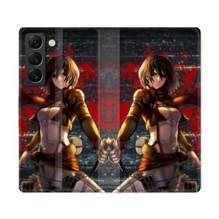 Housse Cuir Portefeuille Pour Samsung Galaxy S22 Ultra Manga Attaque Titans Mikasa