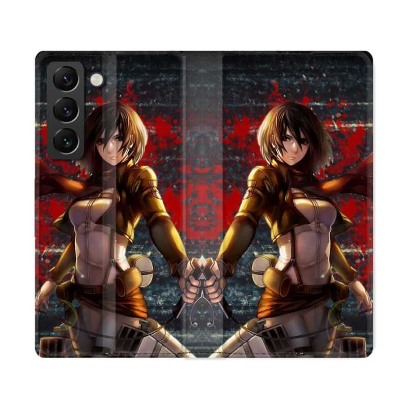 Housse Cuir Portefeuille Pour Samsung Galaxy S22 Ultra Manga Attaque Titans Mikasa