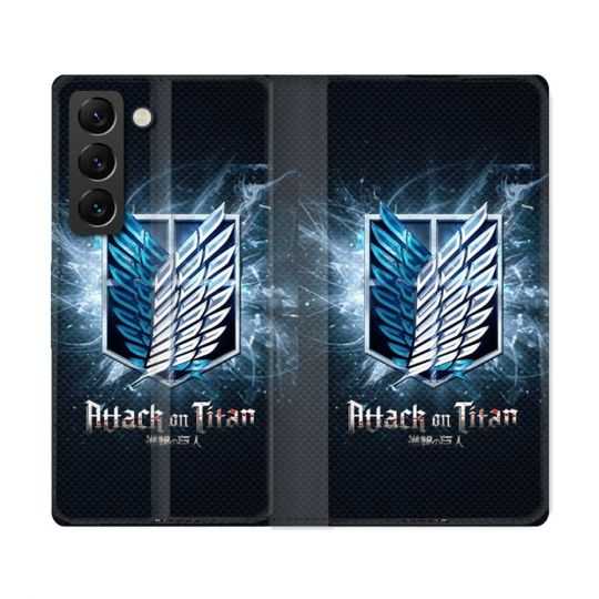 Housse Cuir Portefeuille Pour Samsung Galaxy S22 Ultra Manga Attaque Titans Noir