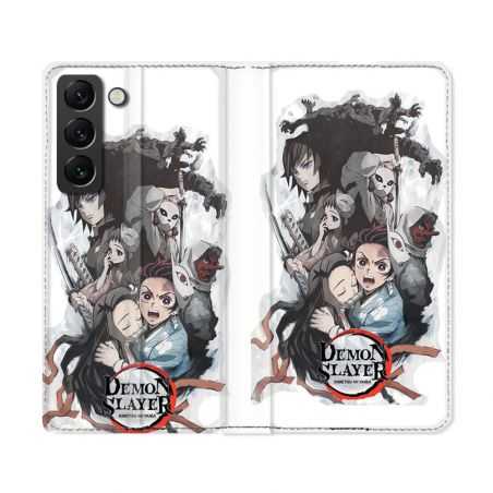 Housse Cuir Portefeuille Pour Samsung Galaxy S22 Ultra Manga Demon Slayer Blanc