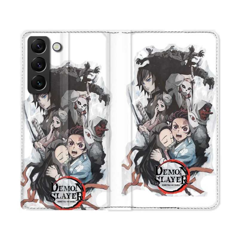 Housse Cuir Portefeuille Pour Samsung Galaxy S22 Ultra Manga Demon Slayer Blanc