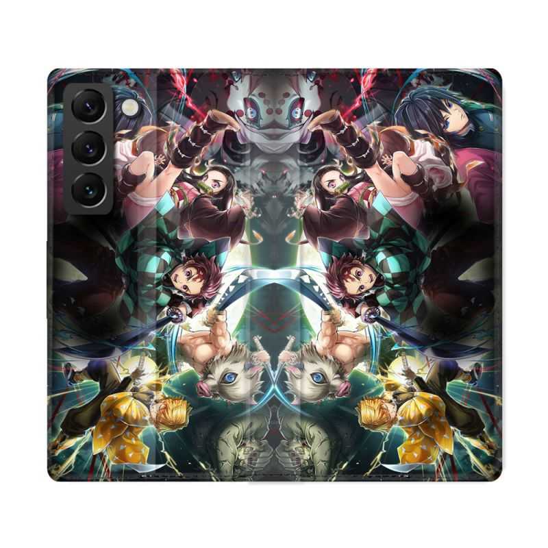Housse Cuir Portefeuille Pour Samsung Galaxy S22 Ultra Manga Demon Slayer Groupe