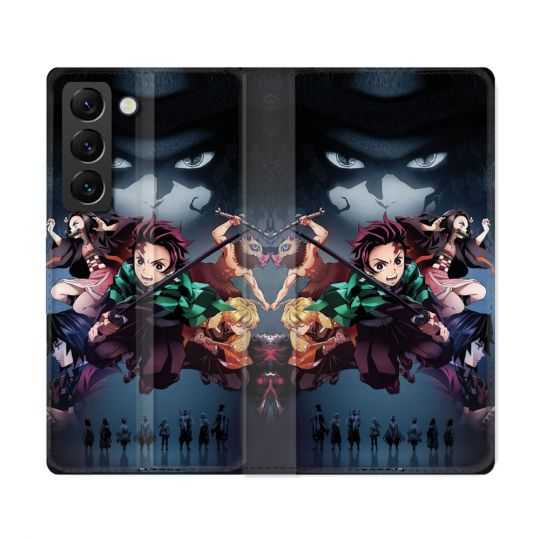 Housse Cuir Portefeuille Pour Samsung Galaxy S22 Ultra Manga Demon Slayer Noir