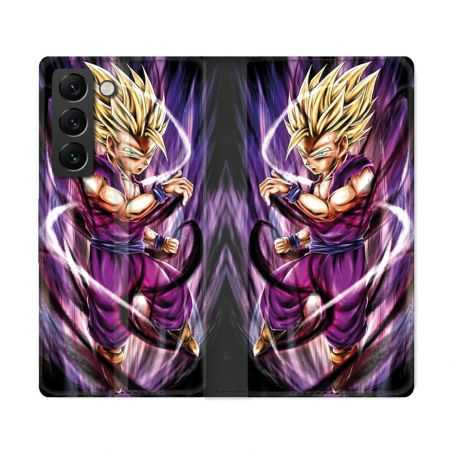 Housse Cuir Portefeuille Pour Samsung Galaxy S22 Ultra Manga Dragon Ball Sangohan Violet