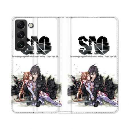 Housse Cuir Portefeuille Pour Samsung Galaxy S22 Ultra Manga SAO sword Art Online Blanc