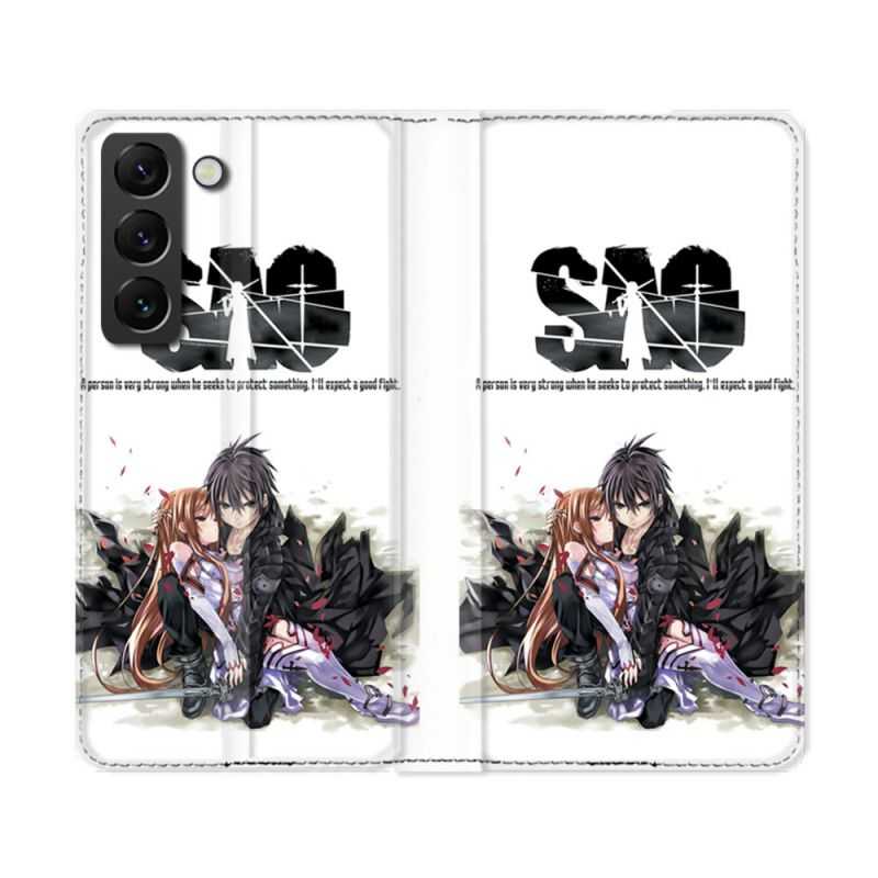 Housse Cuir Portefeuille Pour Samsung Galaxy S22 Ultra Manga SAO sword Art Online Blanc