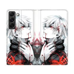 Housse Cuir Portefeuille Pour Samsung Galaxy S22 Ultra Manga Tokyo Ghoul Kaneki Blanc