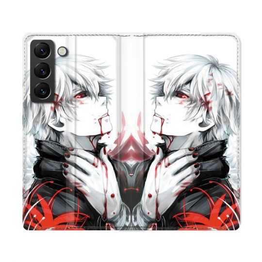 Housse Cuir Portefeuille Pour Samsung Galaxy S22 Ultra Manga Tokyo Ghoul Kaneki Blanc