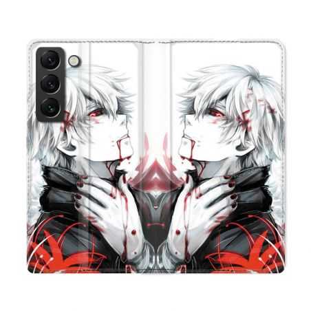 Housse Cuir Portefeuille Pour Samsung Galaxy S22 Ultra Manga Tokyo Ghoul Kaneki Blanc