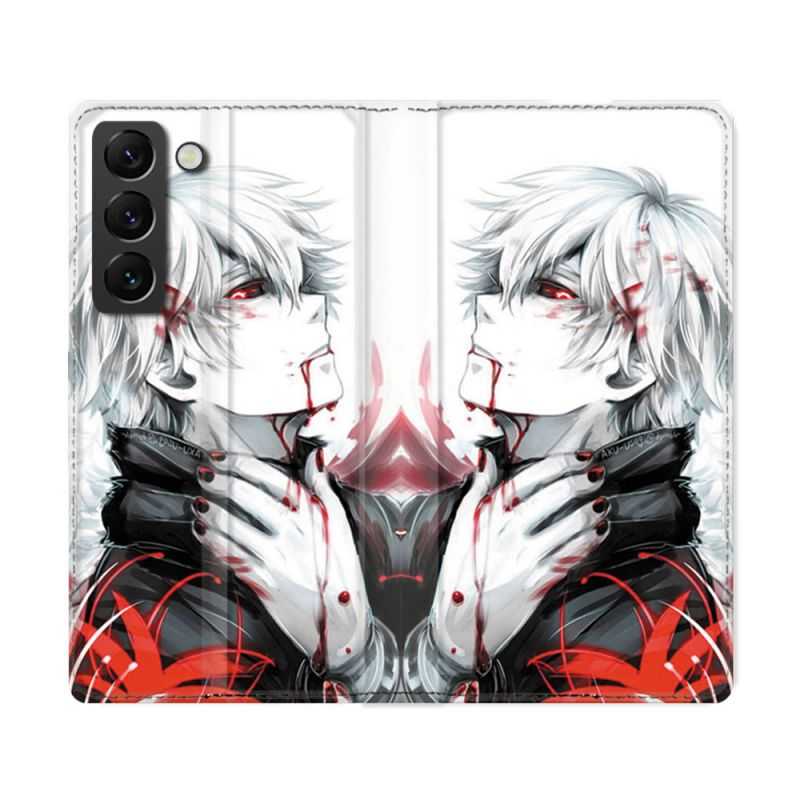 Housse Cuir Portefeuille Pour Samsung Galaxy S22 Ultra Manga Tokyo Ghoul Kaneki Blanc
