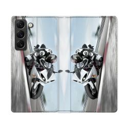 Housse Cuir Portefeuille Pour Samsung Galaxy S22 Ultra Moto Course GP Blanche