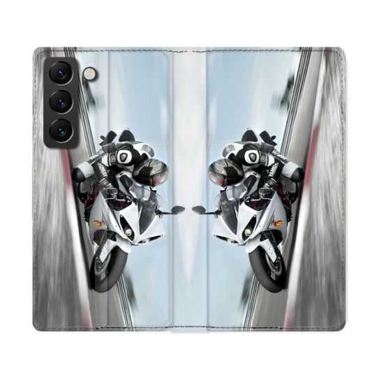 Housse Cuir Portefeuille Pour Samsung Galaxy S22 Ultra Moto Course GP Blanche