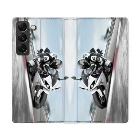 Housse Cuir Portefeuille Pour Samsung Galaxy S22 Ultra Moto Course GP Blanche