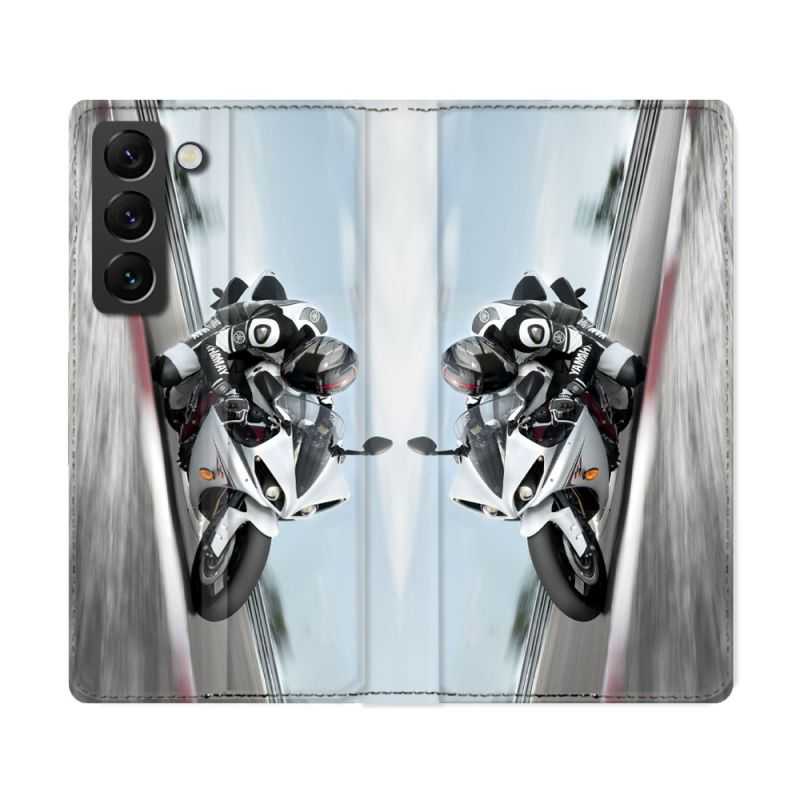 Housse Cuir Portefeuille Pour Samsung Galaxy S22 Ultra Moto Course GP Blanche