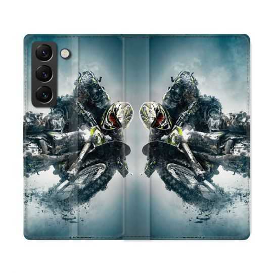 Housse Cuir Portefeuille Pour Samsung Galaxy S22 Ultra Moto Cross Ombre