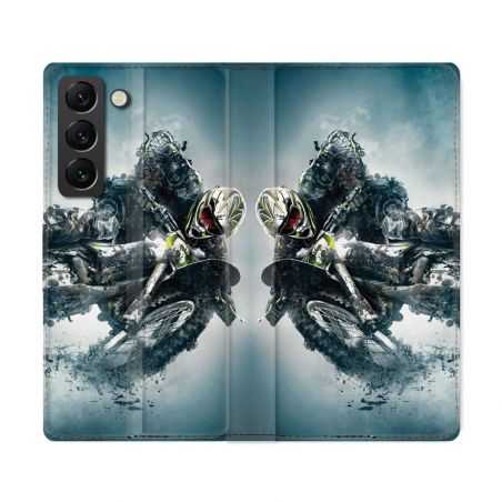 Housse Cuir Portefeuille Pour Samsung Galaxy S22 Ultra Moto Cross Ombre