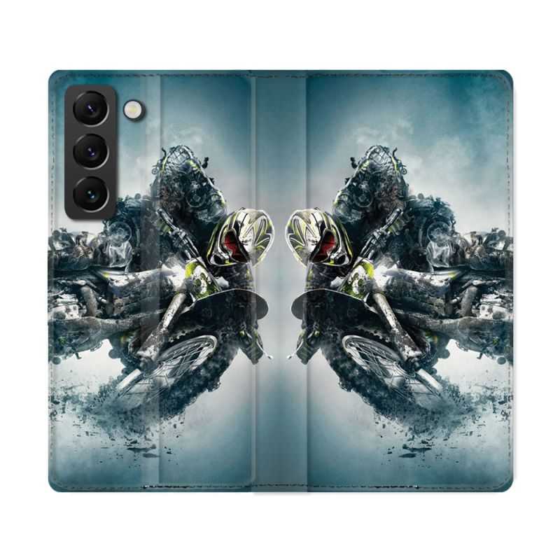 Housse Cuir Portefeuille Pour Samsung Galaxy S22 Ultra Moto Cross Ombre