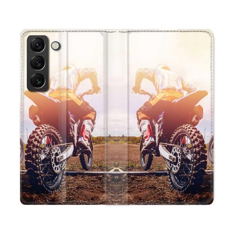 Housse Cuir Portefeuille Pour Samsung Galaxy S22 Ultra Moto Cross Soleil