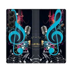 Housse Cuir Portefeuille Pour Samsung Galaxy S22 Ultra Musique Cle Sol Bleu