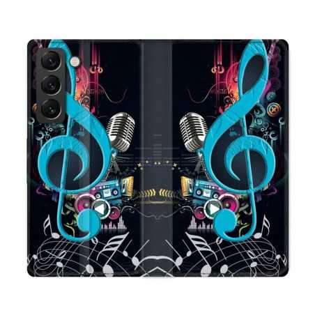 Housse Cuir Portefeuille Pour Samsung Galaxy S22 Ultra Musique Cle Sol Bleu