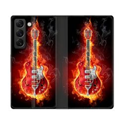 Housse Cuir Portefeuille Pour Samsung Galaxy S22 Ultra Musique Guitare Electrique