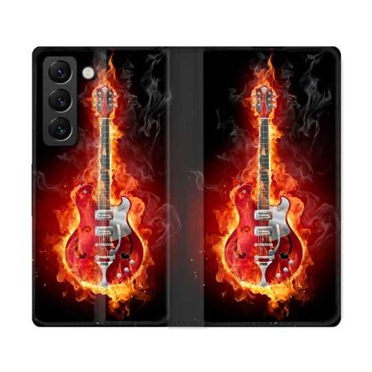 Housse Cuir Portefeuille Pour Samsung Galaxy S22 Ultra Musique Guitare Electrique
