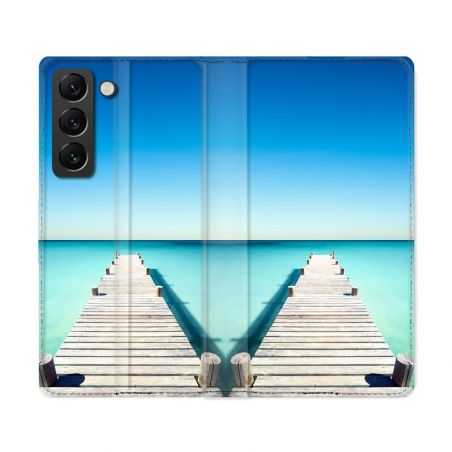 Housse Cuir Portefeuille Pour Samsung Galaxy S22 Ultra Nature Pont Mer
